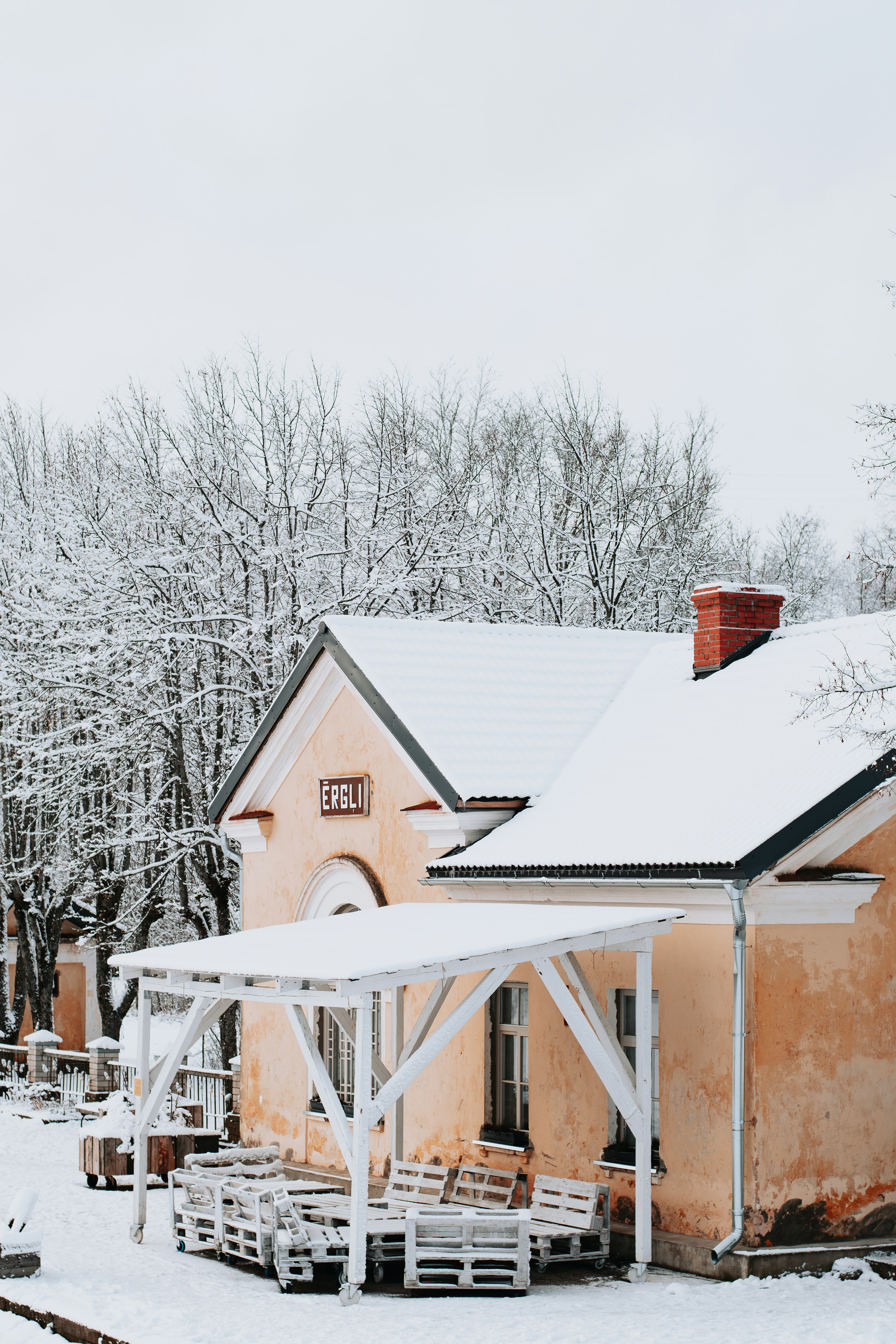 brown and white wooden house near bare trees during daytime